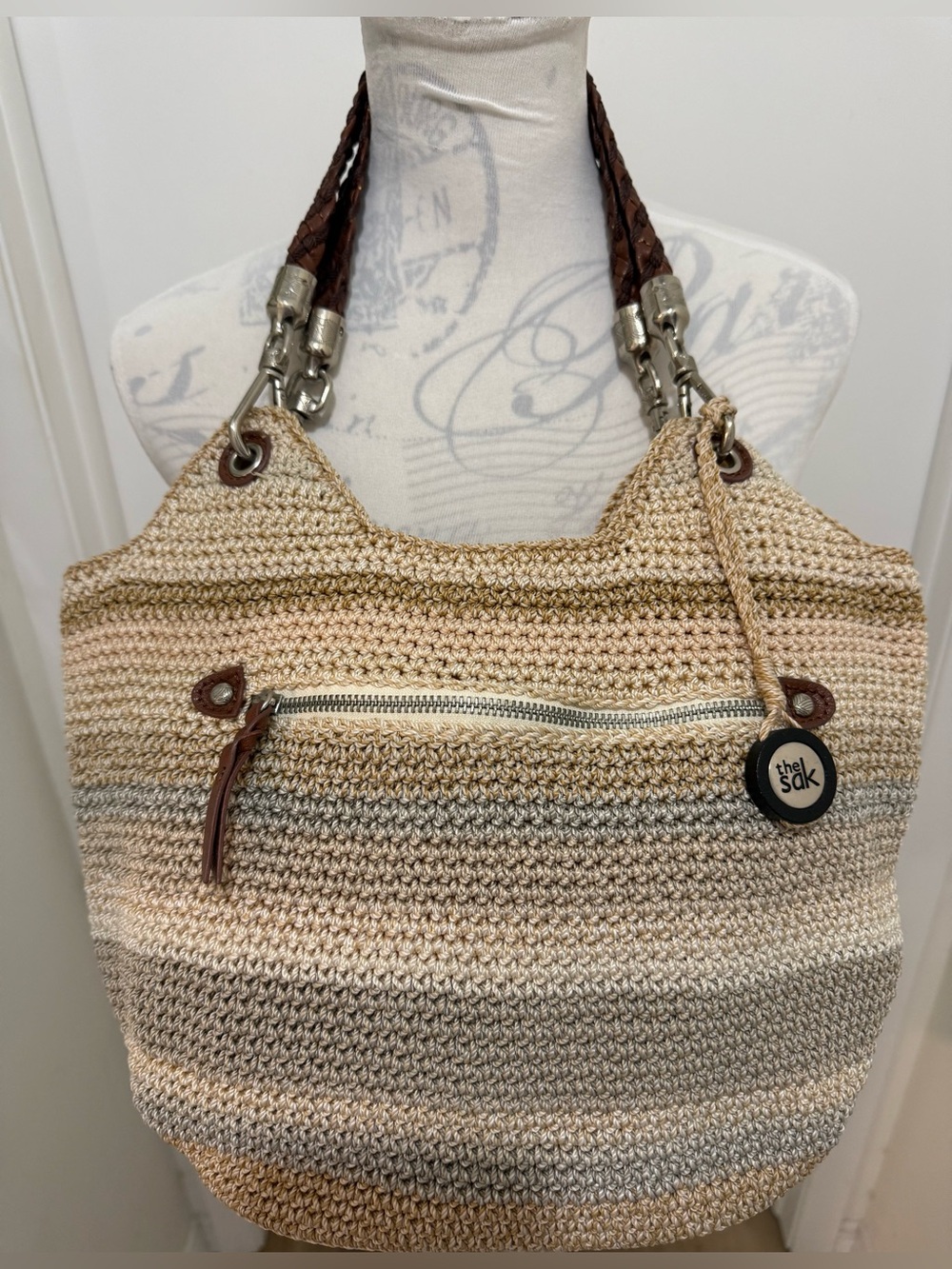 THE SAK Hobo Shoulder bag, Leather Straps, Woven Body, Tan/Beige